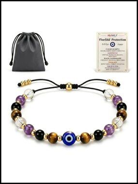 Natural Crystal Evil Eye Bracelet Adjustable Sliding Knot Unisex Spiritual